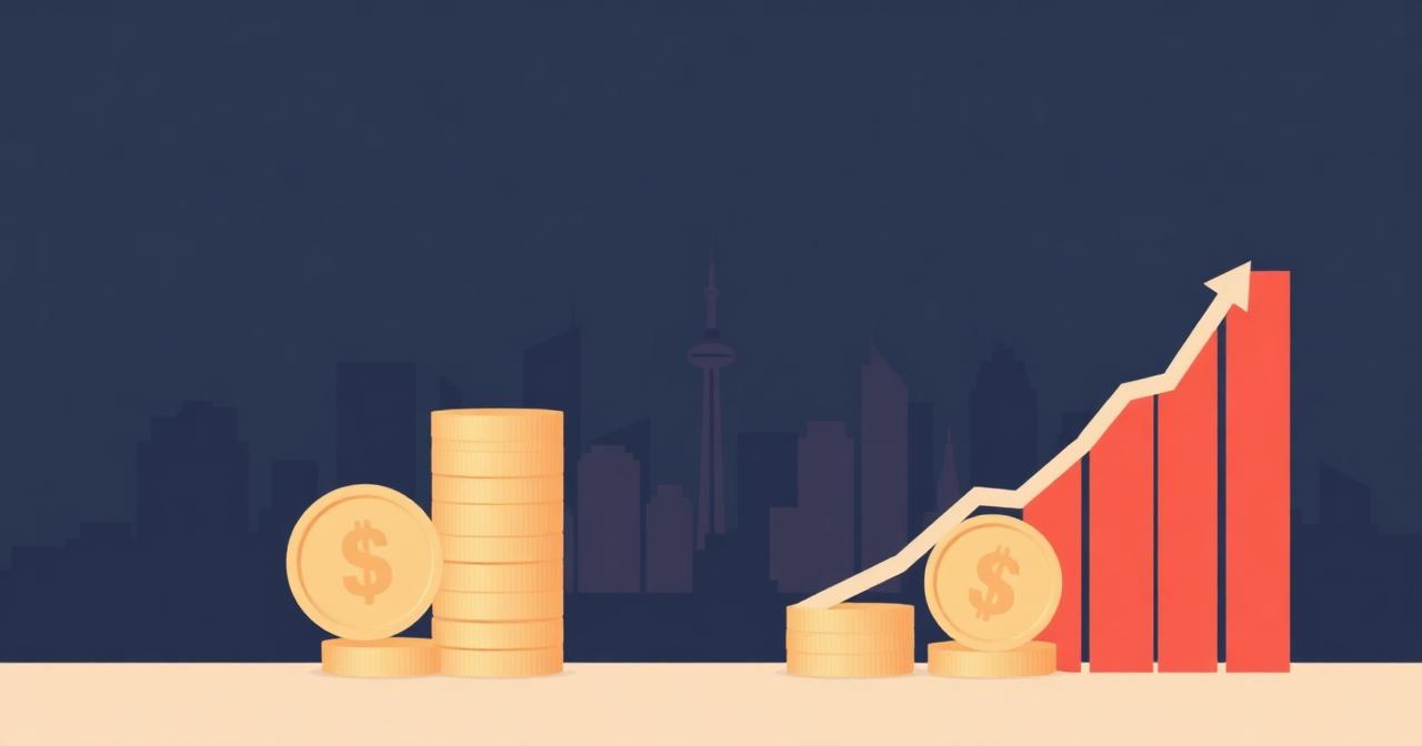 Stacks of coins and an upward chart in front of a Montreal skyline silhouette