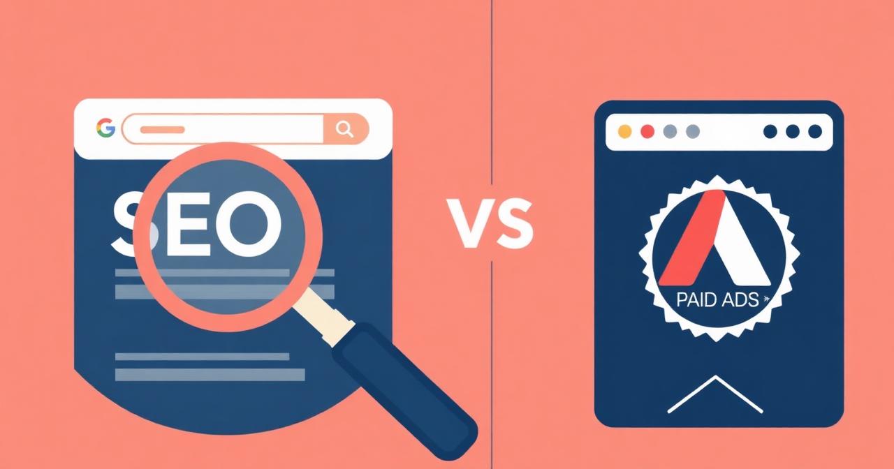 Split illustration of a Google search result and a paid ads badge