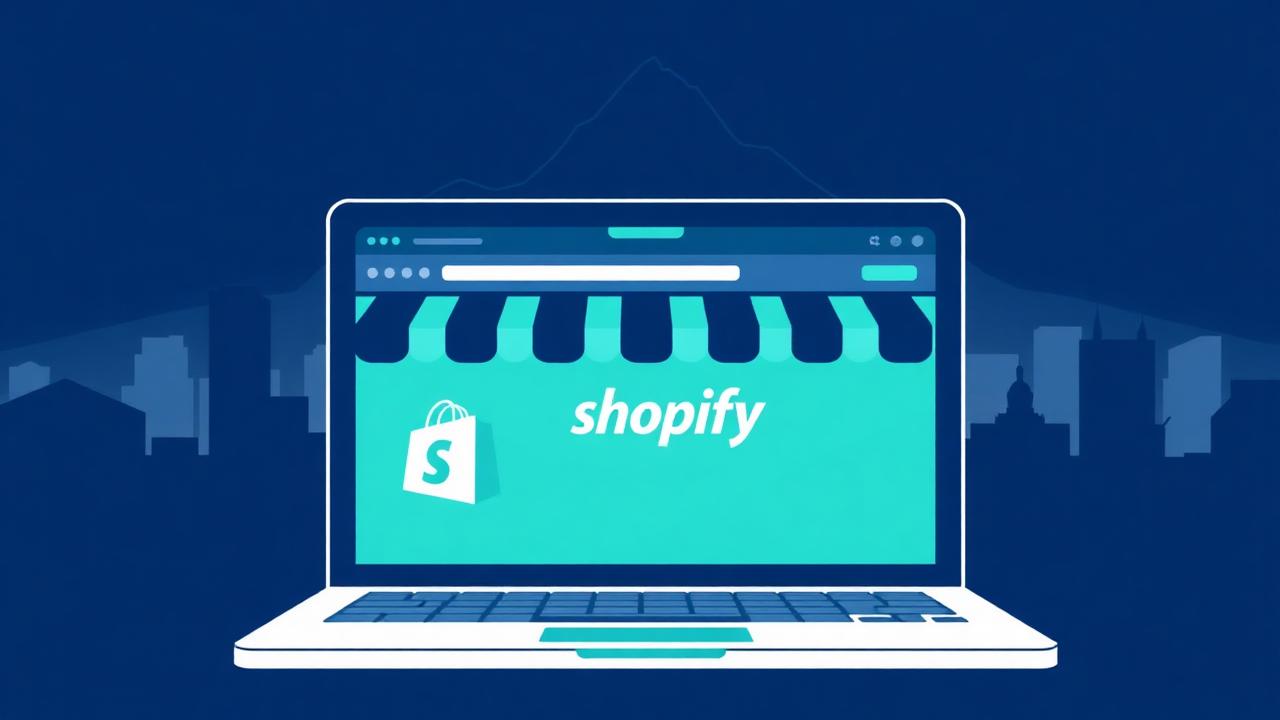 Shopify storefront on a laptop screen with a Montreal Mount Royal silhouette in the background