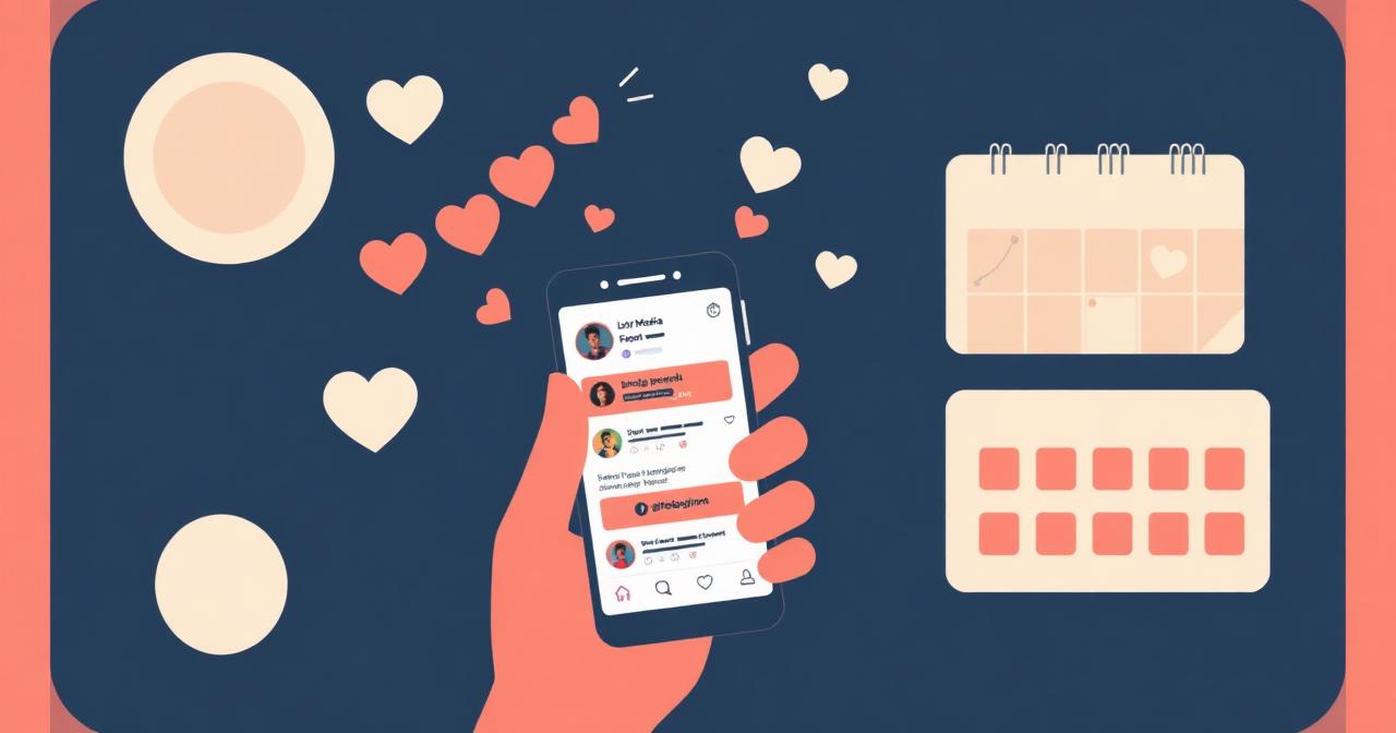 Hand holding a phone with a social feed, hearts floating, and a content calendar in the background